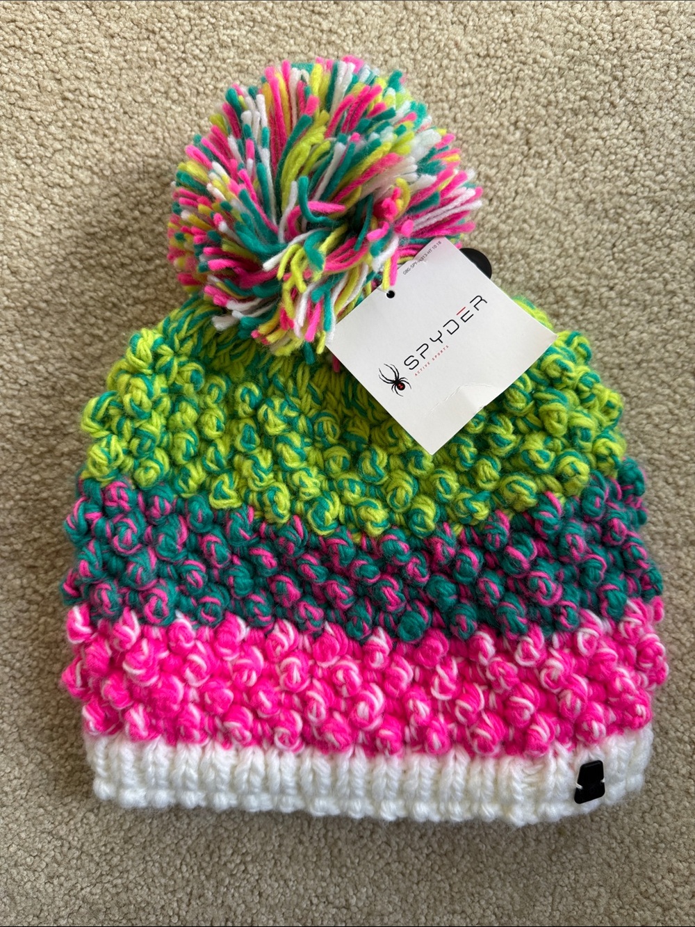 Spyder Multicolor Pom Beanie - Pink, Green, White